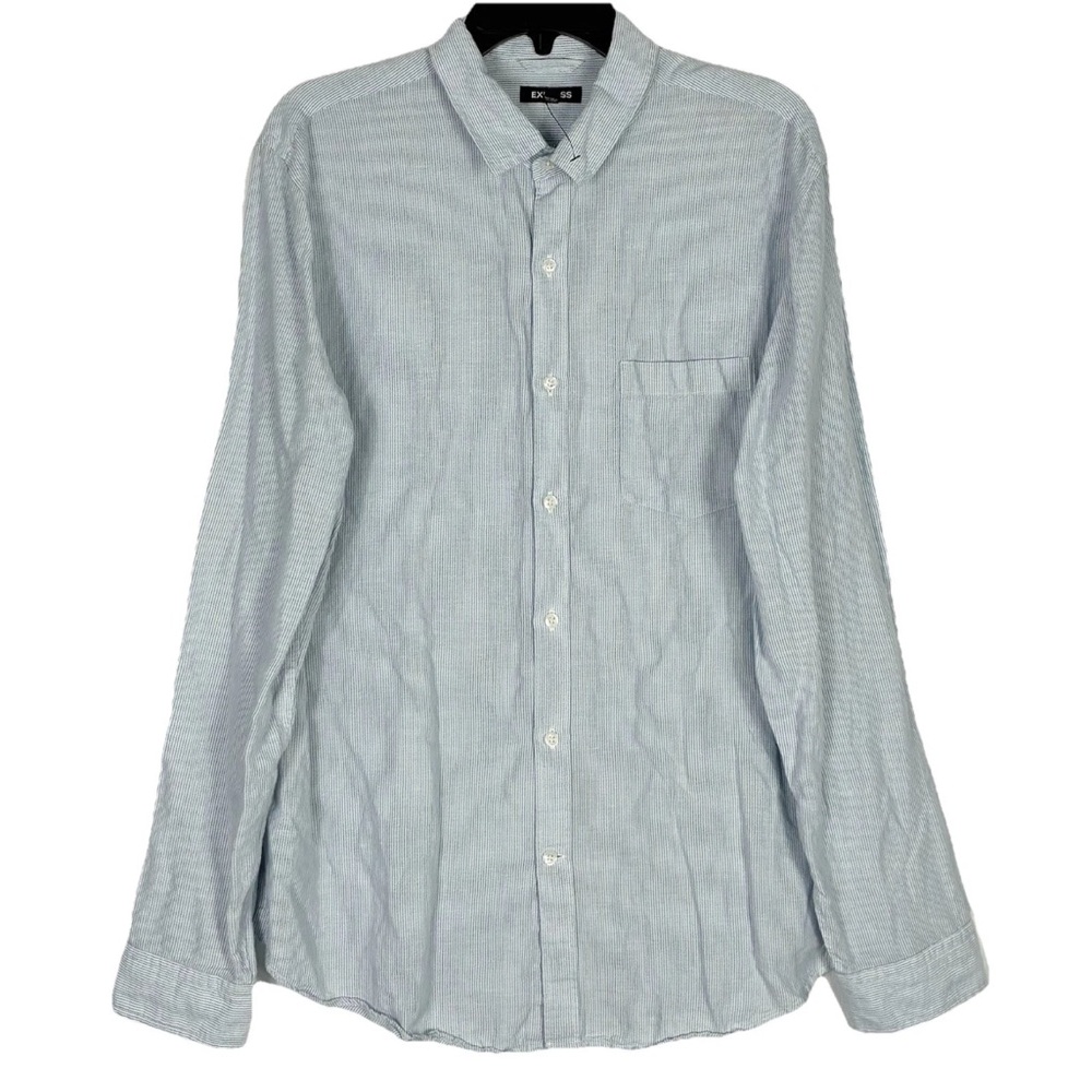 Express Blue White Striped Linen Shirt Men’s L Long Sleeve Coastal Preppy